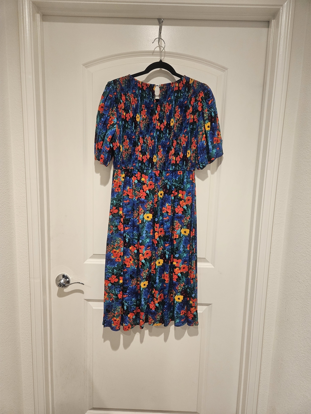 Vibrant Blue Floral Midi Dress with Smocked Bodice